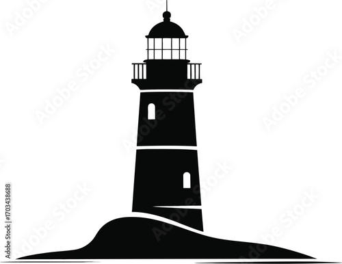 Tall black lighthouse on rocky shore silhouette tower