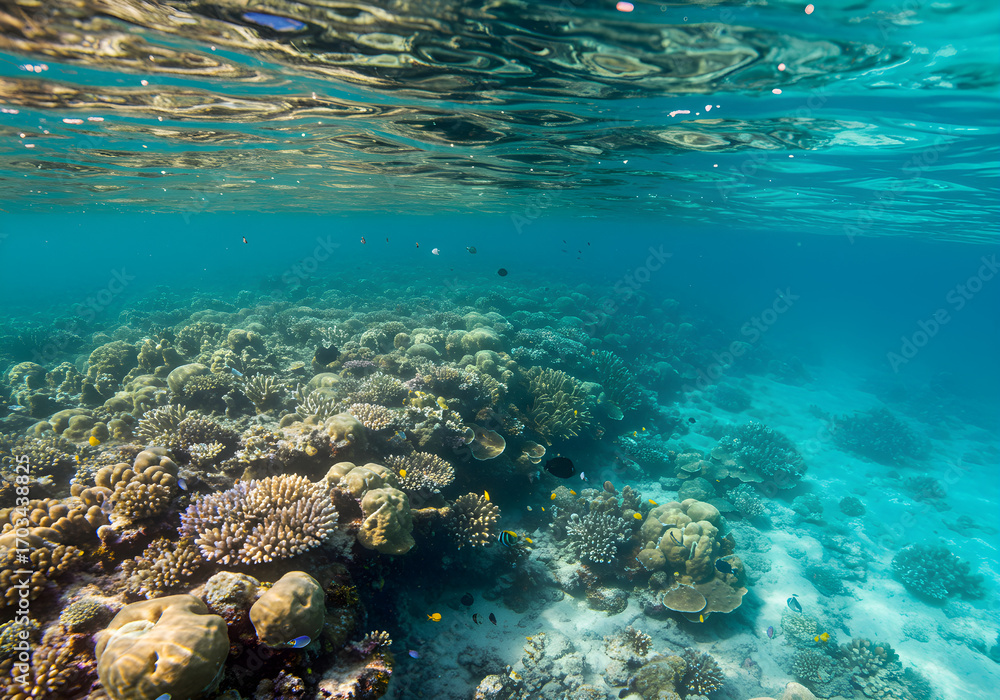 Fototapeta premium Explore the vibrant coral reef ecosystem with diverse fish swimming in clear turquoise ocean water