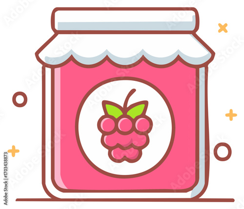 Cartoon illustration of a jar of raspberry jam with decorative elements