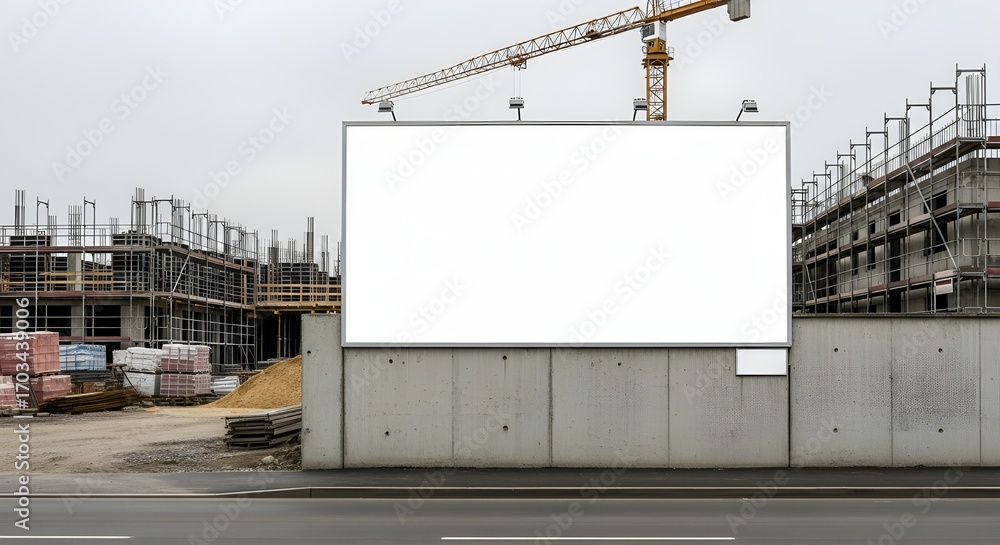 Fototapeta premium Blank billboard at construction site with crane