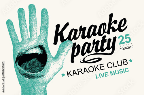 Vector poster for karaoke party in vintage style with singing mouth, hand and inscription. Suitable for promotional music banner, flyer, invitation, ticket. No AI used