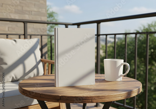 Modern book mockup on a balcony with coffee mug, perfect for showcasing covers and designs in a natural setting