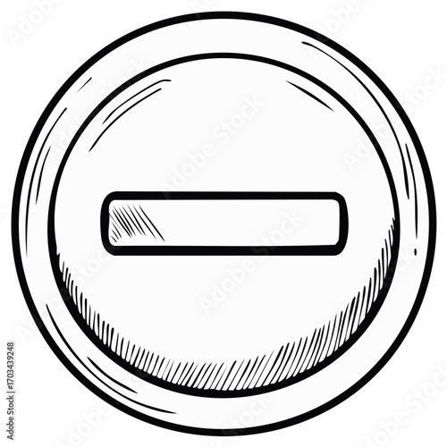 Hand drawn minus symbol icon in a circular frame doodle style black and white illustration