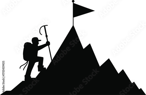 Climber reaching mountain summit flag peak