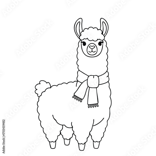 Cute fluffy llama wearing a cozy scarf standing calmly with a friendly expression in a simple line art style