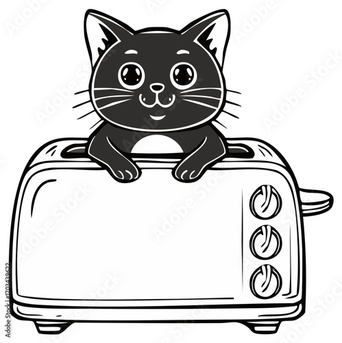 Cartoon Black Cat Sitting Inside a Toaster Funny Pet Animal in Appliance Drawing