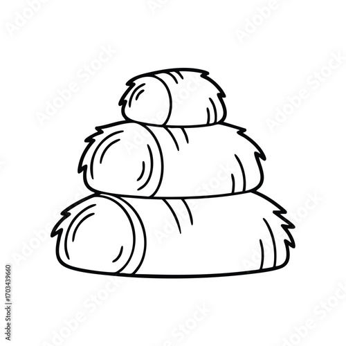 Black and white illustration of three stacked hay bales arranged in descending size on a white background