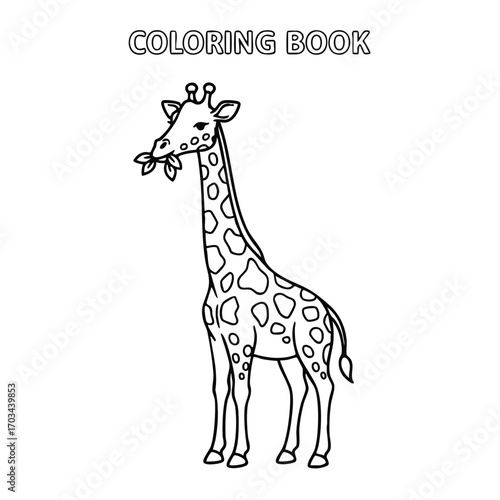 Black and white line drawing of a giraffe eating leaves designed for a children's coloring book page