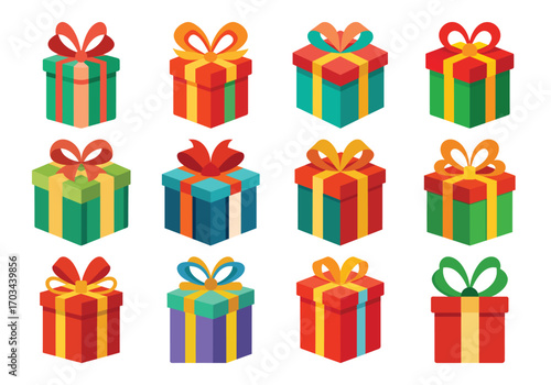 Twelve Colorful Gift Boxes with Bows for Holidays
