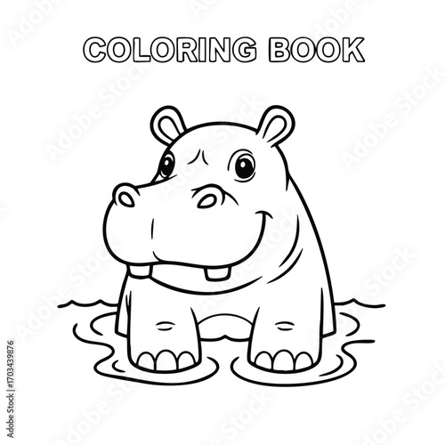 Cute cartoon hippopotamus standing in water with a friendly smile for a children's coloring book page