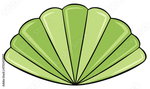 A stylized cartoon illustration of a green fan shaped scallop seashell