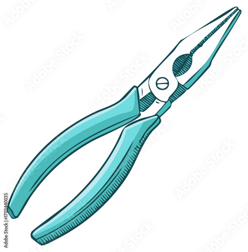 Cartoon style long nose pliers, drawing, cyan handles, isolated, white background.