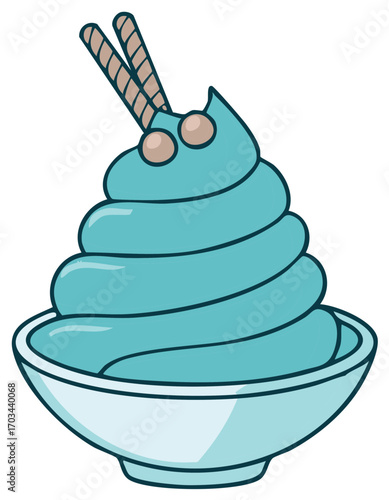 Cartoon Dessert:  Blue Ice Cream Swirl with Wafers and Candies in a Bowl Illustration