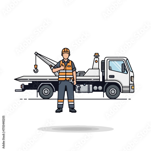 Tow truck driver standing proudly in front of tow truck, ready for roadside assistance. This tow truck driver provides essential breakdown service and emergency support on road.