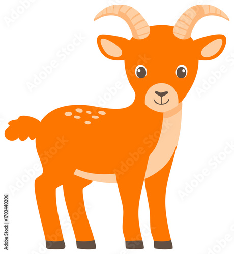 Cartoon Orange Goat Standing with Horns and Tail, Charming Farm Animal, Vector Illustration for Children