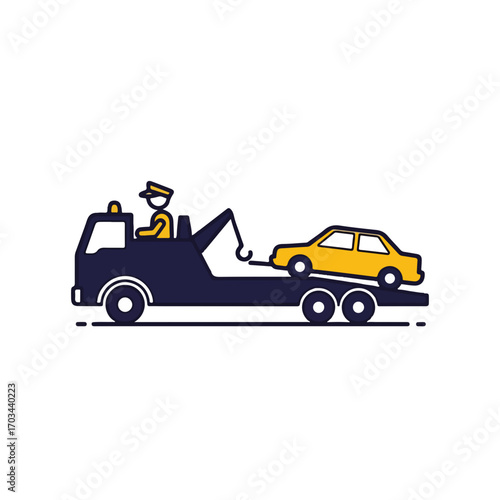 Tow truck towing broken car, providing roadside assistance. Tow truck and car represent breakdown service with tow truck driver. Commercial tow truck provides emergency assistance after accident,