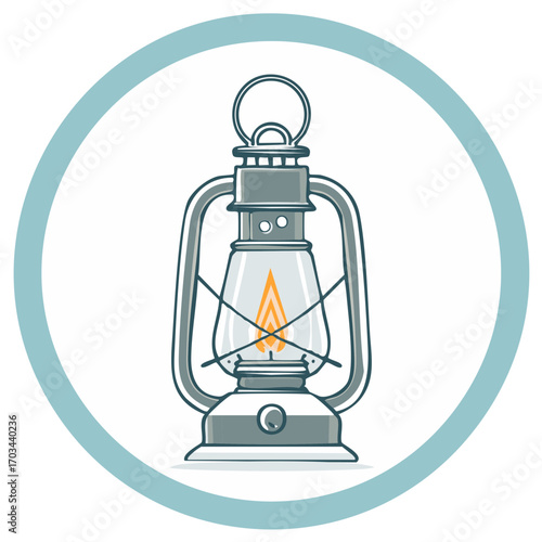Vintage kerosene lantern with a glowing flame inside a circle