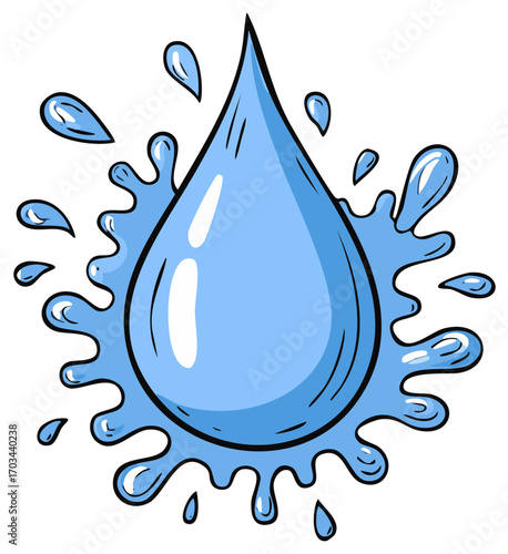 Cartoon styled water drop graphic with splash and droplets around