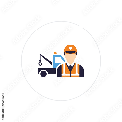 Tow truck driver stands ready, offering roadside assistance, with his service vehicle behind him. Tow truck driver is wearing bright reflective vest for safety,