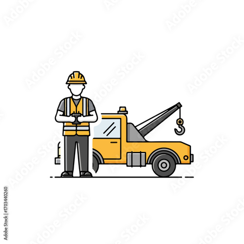 Tow truck illustration shows vehicle assistance for transport problems on freeway or city streets. Tow truck design is suitable for roadside assistance companies, for recovery service logos,