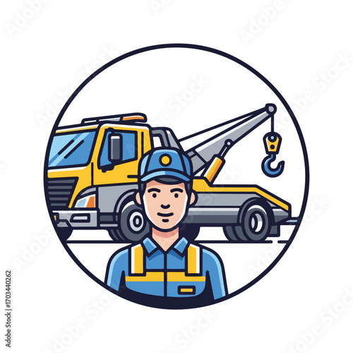 Cartoon tow truck with cheerful driver in a circle. Depiction cartoon tow truck alongside friendly driver in workwear uniform, creating a positive and approachable character.