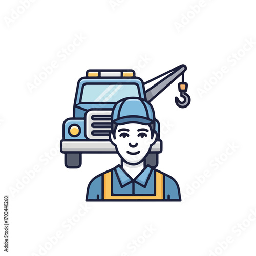 Illustration showing a Tow truck operator ready to assist with roadside services, featuring tow truck vehicle and cheerful technician. Tow truck services are a necessary part of driving,