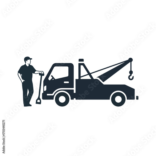 Tow truck illustration, alongside road worker. Tow truck is ideal to illustrate the concept of vehicle assistance and breakdown service. Breakdown service with tow truck,