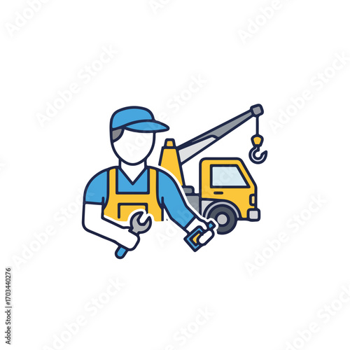 Tow truck service featuring auto mechanic with wrench and crane machinery. Tow truck service ensures prompt roadside assistance. Concept tow truck service for vehicle repairs or transportation,