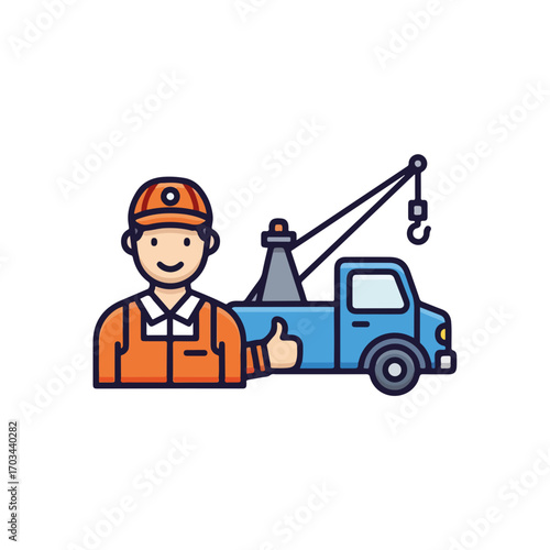 Smiling tow truck driver in orange uniform gives thumbs up next to tow truck. Tow truck with driver symbolizes roadside assistance for car repair and rescue.