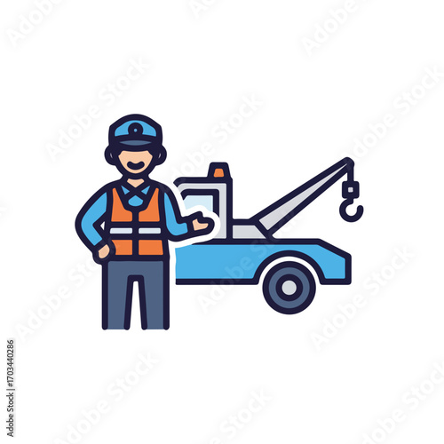 Tow truck illustration showcasing car assistance and roadside help. Tow truck illustration depicts roadside assistance operations and worker expertise with transport.