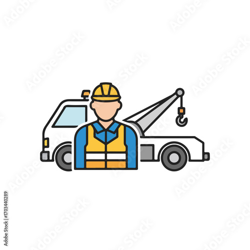 Tow truck assistance features worker with emergency towing vehicle. Tow truck services include driver in yellow safety vest, providing fast roadside assistance.
