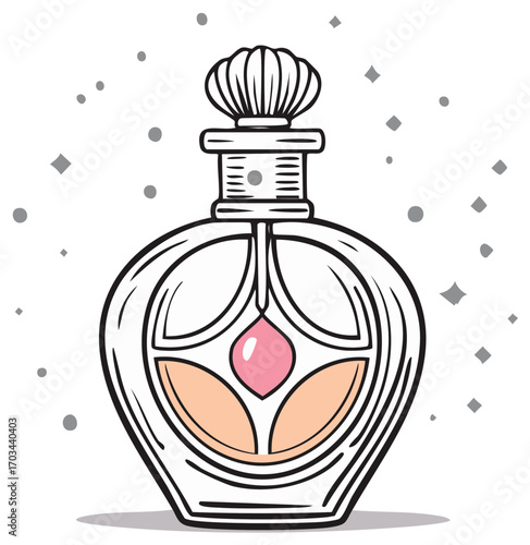 Elegant Outline Drawing of Vintage Perfume Bottle with Stopper and Decorative Details on White