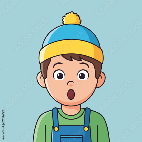 Surprised kid with open mouth and wide eyes, surprised kid looking up, wearing winter hat and overalls. Surprised kid isolated on blue background creates friendly impression.