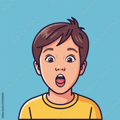 Surprised boy shows a comical expression of surprise, cartoon surprise is evident. Child's exaggerated facial surprise is quite something, with eyes wide open and mouth agape.