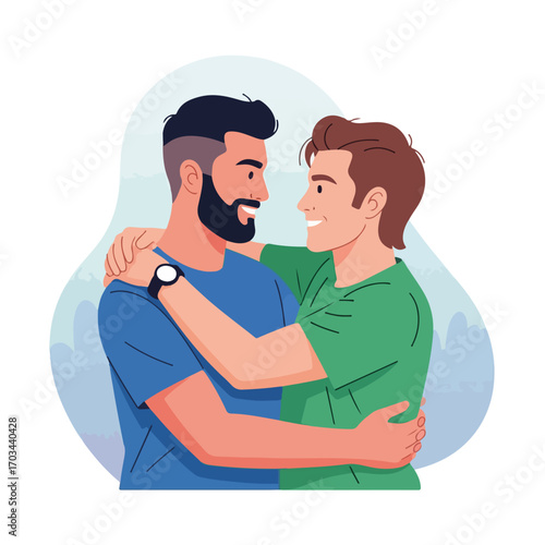 Gay couple embracing in cheerful scene of affection, happiness, and intimacy. Gay couple is showing love and support with genuine smiles and connection, as seen in their tender embrace.