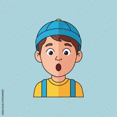 Shocked boy wearing a blue cap and yellow shirt in an illustration. Shocked boy with an expression of surprise and amazement.