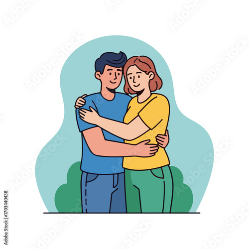Romantic couple hugging outdoors with affection shown, portraying intimate love, embrace and warmth, showing connection. Romantic couple hugging, exhibiting true feelings with arms wrapped,