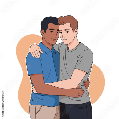 Embracing couple in an affectionate hug pose, captured in an affectionate hug. Embracing couple displaying affection with arms around each other, symbolizing love, connection, and friendship.