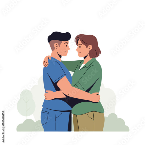 Embracing couple in loving hug and tender embrace, two people share affection. Embracing couple stand close, illustrating love, unity, and support.