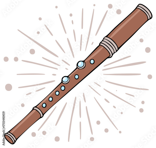 Simple artistic drawing of a wooden flute musical instrument with sound bursts