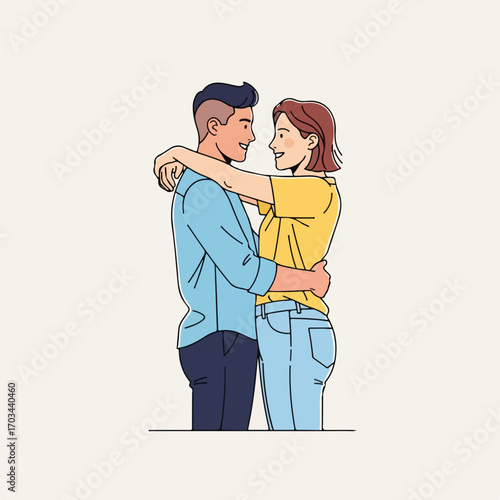 Close Couple illustration of man and woman embracing each other with affection. Close Couple sharing tender moment in simple design, smiling and looking at each other.