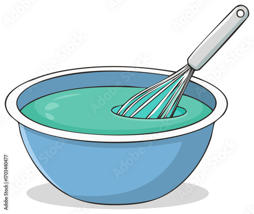 Wire whisk stirring teal cake batter or frosting in a blue mixing bowl cartoon illustration