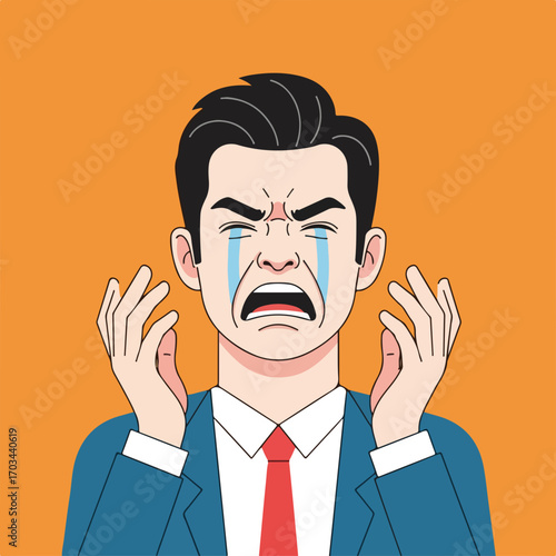 Man crying with hands raised conveys sadness, anguish, and despair, with tears streaming down face. This man crying shows expression of deep sorrow and unhappiness, with an orange background.
