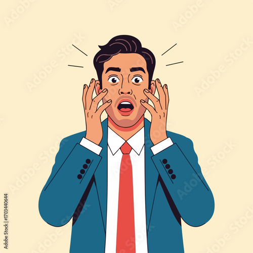 Shocked man with a scared expression, hands up in disbelief against beige background. Fear grips shocked man as he is startled, looking worried after receiving bad news.