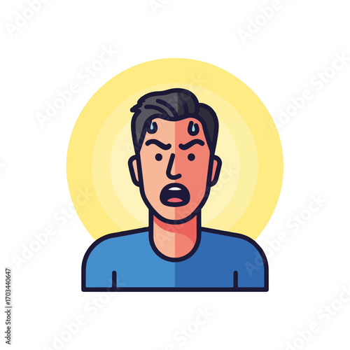 Stressed out person is depicted with an expression of anxiety and frustration, illustrated against light yellow background. This stressed out person graphic highlights feelings of overwhelm, pressure,