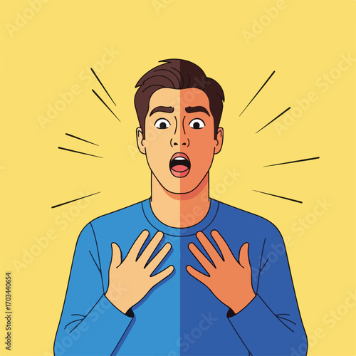 Shocked man with hands near chest expressing surprise. This shocked man shows astonishment with open mouth, and bright yellow background. Shocked man illustration conveys emotion and reaction,