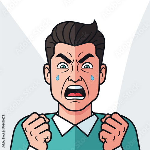 Portrait of an angry man expressing intense frustration and anger. Angry man is furious, shouting loudly with tears streaming down his face, revealing utter despair and outrage.
