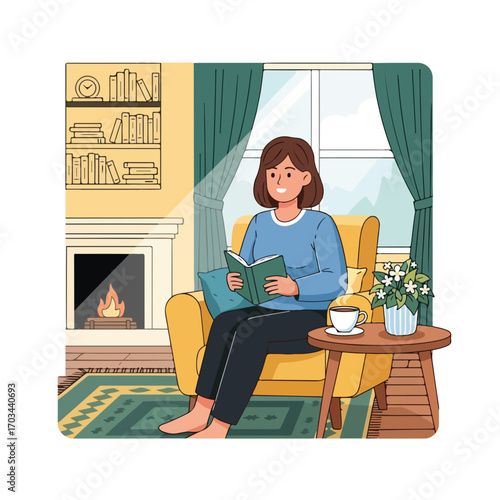Parents with laptop aren't needed here, as this woman relaxes in her cozy home reading. Comfortable scene reading book shows peaceful enjoyment near fireplace and books.