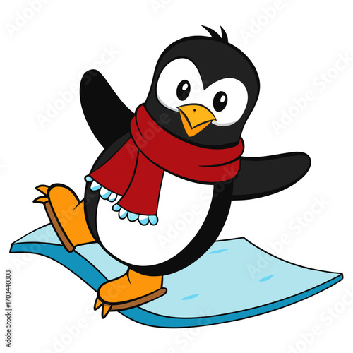 Cartoon silly penguin sliding on ice with scarf and mittens in winter fun style.svg