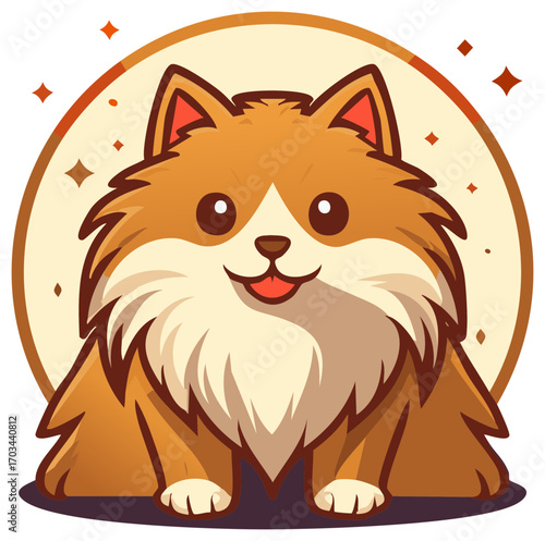 Charming cartoon Pomeranian dog illustration, cute face, friendly pet, fluffy fur, decorative circle backdrop and small geometric stars